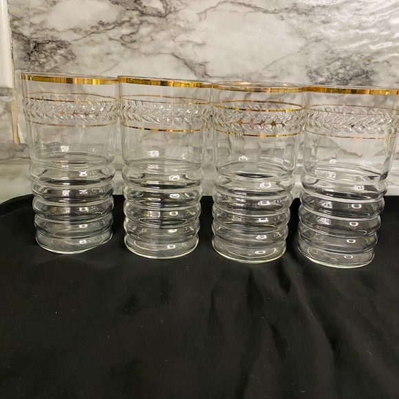 * Federal Glass Co Gold Banded Curvy Rippled Glass Leaf Detail MCM set Of 4 - Picture 4 of 7